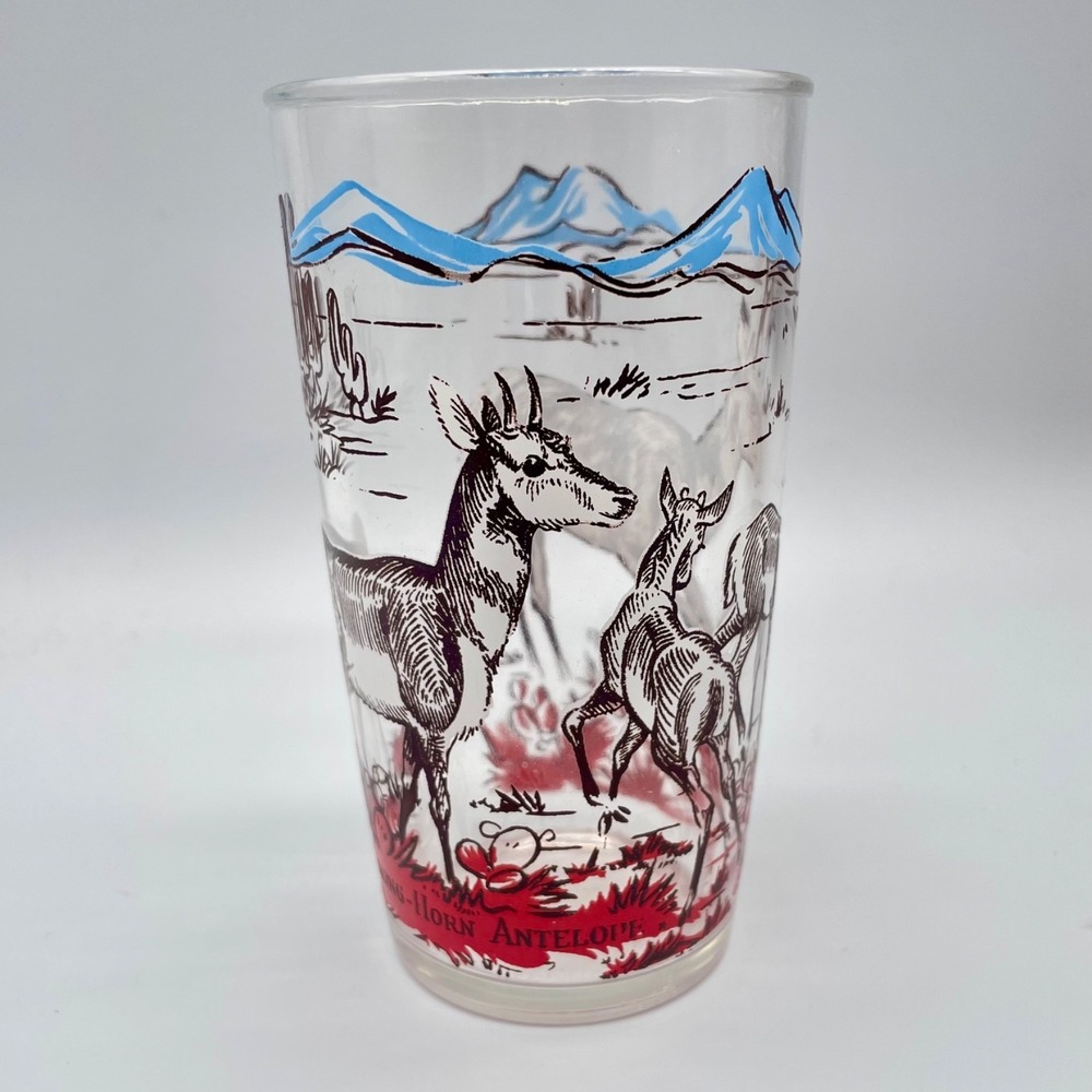 Vintage Prong-Horn Antelope Wildlife Glass Tumbler Desert Scene Red Blue 5"
